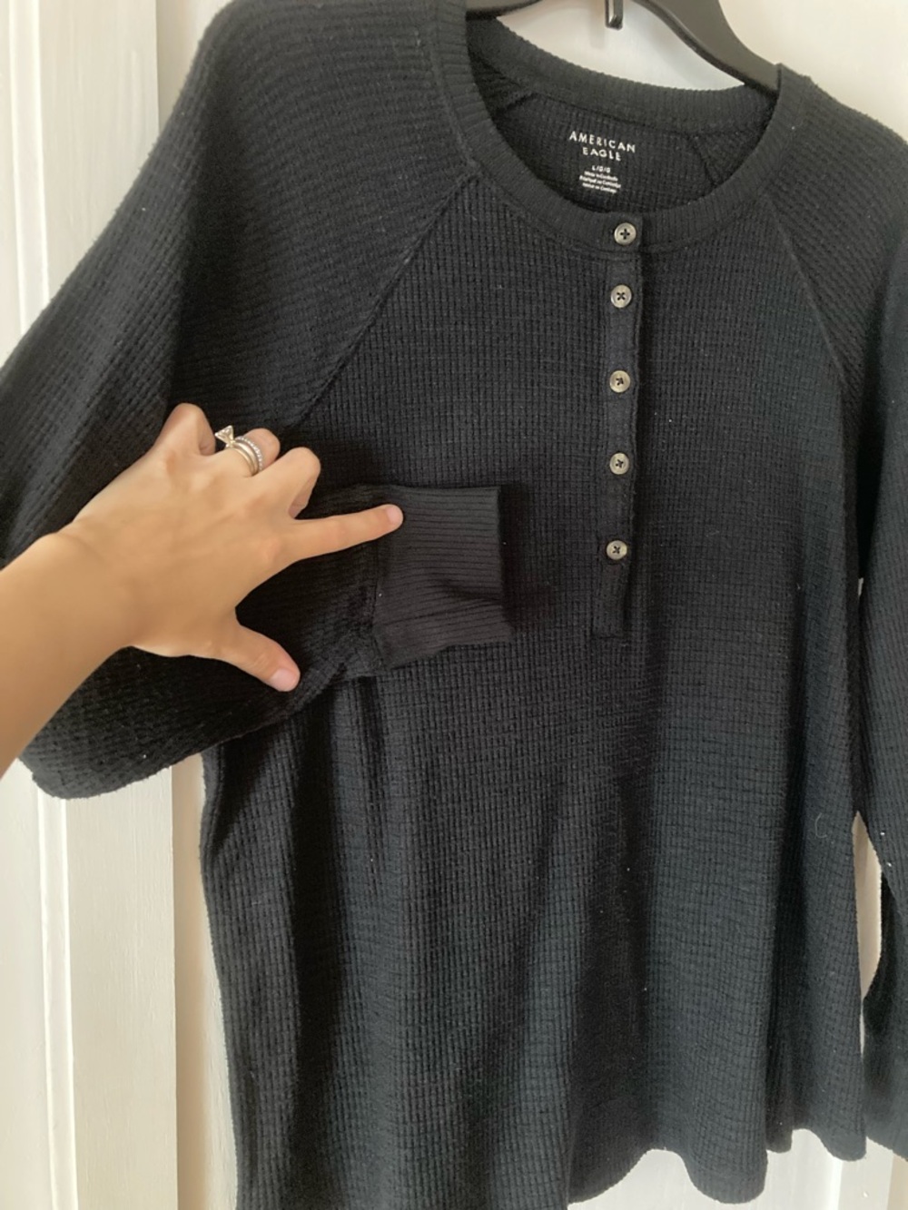 American Eagle Black Waffle Henley Shirt - Picture 2 of 3